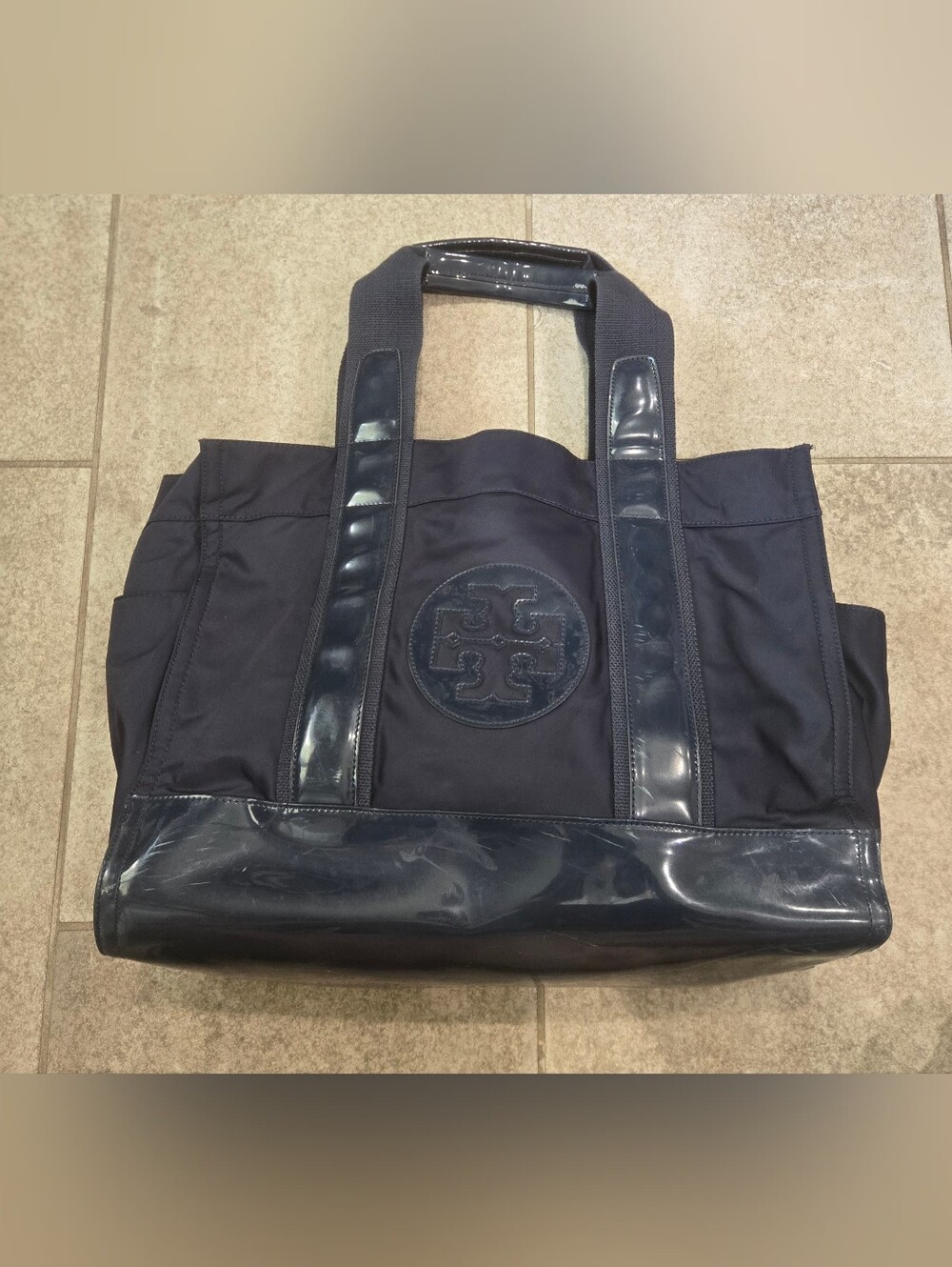 Authentic Tory Burch Ella Large Tote Nylon Navy Blue Travel Work Beach Bag